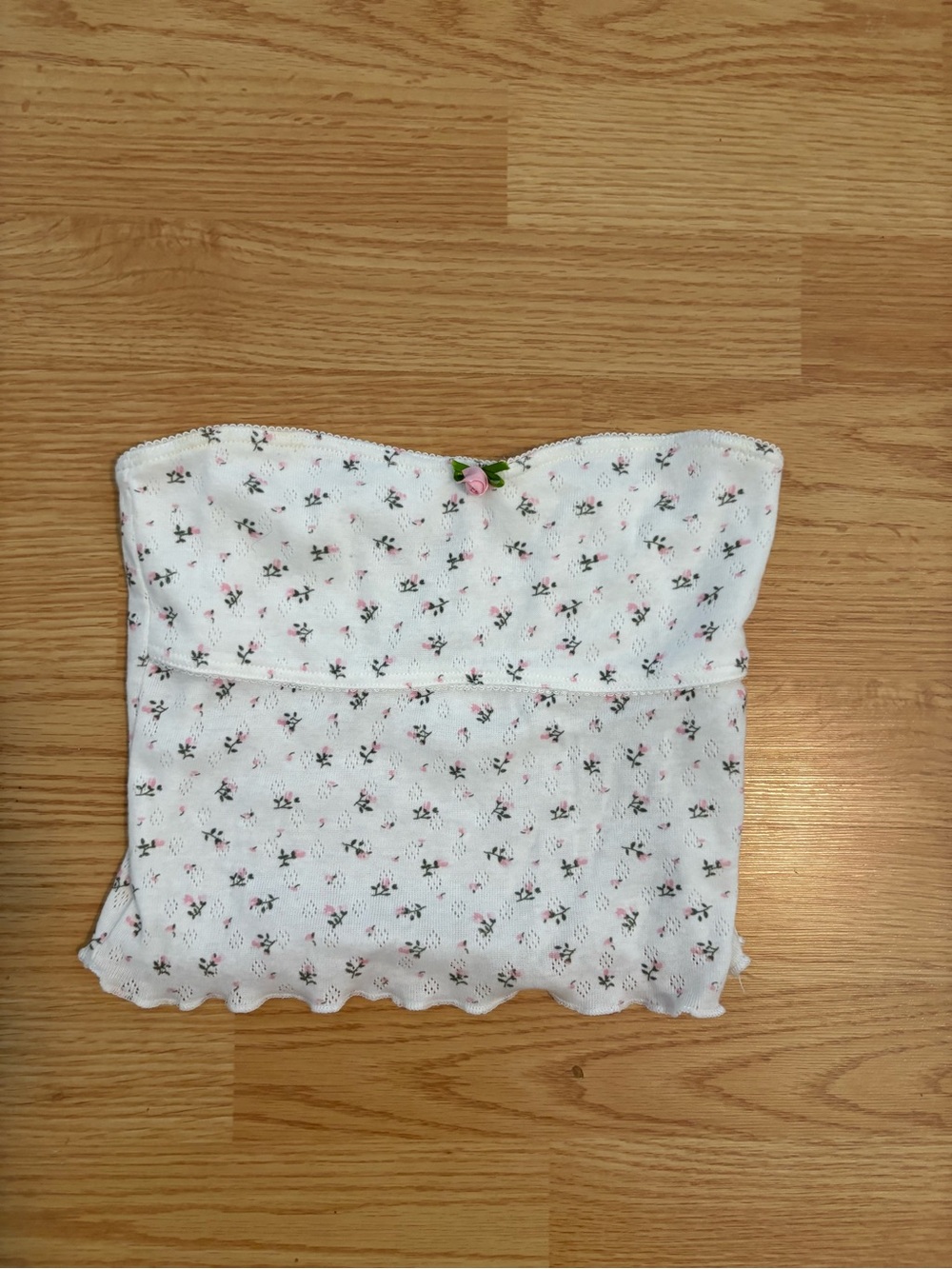 KatieJ Strapless White Floral Tube Top with Pink Rose Accent